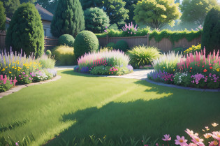 there is a green lawn with a gate and flowers in the middle, lush garden in the background, with a lush grass lawn, lush lawn, garden landscape, beautiful garden on background, garden environment, lush garden surroundings, pastoral backyard setting, parks and gardens, garden with flowers, lush and green, beautiful english garden, garden background, lawn, vibrant greenery outside, beautiful garden --auto --s2