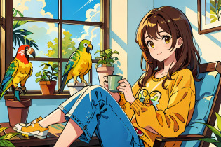 (Best quality, Masterpiece),Sunny?Broad lens?By the window?(Brown hair long)?Lively cute girl?Little Keck parrot?Golden-headed Keck parrot?Orange-yellow parrot?Plants in pots?Sunlight?Bright and happy