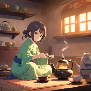 Anime 7-year-old girl in Hanfu standing next to a teapot, flatchest?full bodyesbian?Boiling a teapot over charcoal on the stove, Side Body?stove?charcoal fire?teapot?Please wear black cloth shoes?author?author?Qu Leilei, author?Chen Dafu, author?Xia Gui, author?Elephant Kazuyoshi, by Yang J, author?Qiu Ying, author?Chen Jiasui, author?shaggy, author?Xia Yong, author?Yao Tingmei, Drinking tea, By Li Song