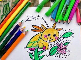 Children's drawing using pencils an crayons on a white piece of paper| grass flowers butterflies, with pet dragon| forest in background| poorly drawn| Crayola| faber castell