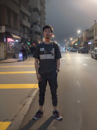 there is a man standing on the street at night with his shoes on, standing in street, standing on street corner, standing in road, standing in the street, standing in a city street, standing on the street, it's night time, during night, profile picture 1024px, full body photogenic shot, night time, evening time, standing in the streets