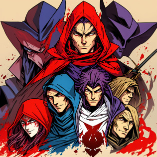 A man with a sword and a hood on his head, handsome face in the art of demon slayer, [[[[[Grinning evily]]]], avatar image, gapmoe portrait yandere grimdark, his eyes are bleeding intensely, Shalltear bloodfallen, smiling lewdly