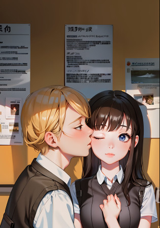 photo of couple kissing in front of the wall, kissing together sweetly, high quality photo, ? cute, kawaii realistic portrait, official photo, vintage shoujo, kissing together, shoujo romance, beautiful kiss, cute photo, nixeu and sakimichan, cute artwork, portrait  lofi, guweiz style artwork, super clear photo, super high quality, 8k quality, realistic real person.