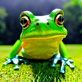 frog, green, a bit of reality, on a green meadow, with big round clear eyes, in sunny weather, 4K, 3D, catches mosquitoes overhead with tongue, in a straw hat, 35mm