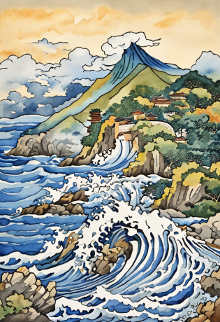 mosaic?hokusai style, style of hokusai, ukiyoe painting,Mosaic is strong?Not visible in mosaic?Pixel art?Artistically?The Great Wave of Kamikawa