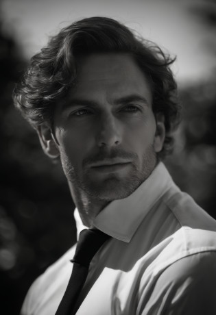 mbres sensuelles: The Handsome Enigmatic Look - Immerse yourself in sensual shadows with an extreme close-up that highlights striking and short eyes, curly short brown hair, (shaven:1.3), (40 ans:1.3). The mastery of light and shadow adds depth to its masculine aspect in this dramatic composition....... Captured with a Fujifilm GFX 100S and a Fujinon GF 63mm f/2.Objectif 8 R WR --ar 9:16 --s 350 --c 10 --style brut