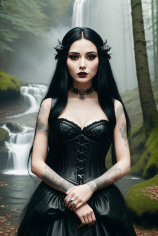 masterpiece, top quality, {30 year old woman}, smoking, long black hair, expressionless, wind-fluttering hair, black leather corset, black lipstick, fine eyes, forest background, waterfall, centerpiece lip ring {eroticism1.5}