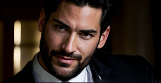 create Ceo Man wearing black suit), Tom Ellis from the Lucifer series, Netflix Lucifer style, strong and muscular, with square jaw and marked and defined (Moreno with model face), wearing dark beard, dark short hair, city image background Greece, man similar to actor Tom ellis, (high quality and realistic image), cinematic style, ((Best quality,  8k, Masterpiece).
