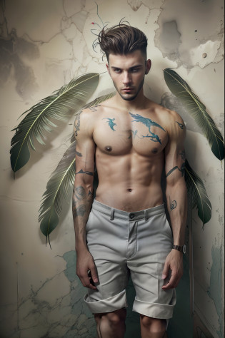 vintage dirty gray backdrop, indoor, detailed body, color imagery, (((((full body view))))), a surrealist photo, looking across the shoulder, leaked, shirtless, from head to toe, homoerotic, there is a young man with a tattoo on his arm, digital art inspired by Victor Surbek, flickr, digital art, mixed media photography, highly conceptual figurative art, photo portrait, feathers growing from arms, photo manipulation, surreal portrait photography, photomanipulation, surrealist photography, digital collage, creative photo manipulation, surrealist conceptual art, standing in front of a wall with arrows, dragonflyes dickprint:1.2, dirty:1, buzzcut, loins