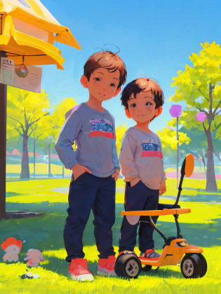 Cartoon of two children next to each other in a park, Arte infantil em Artstation, arte de pintura digital dos desenhos animados, pintura digital dos desenhos animados, Loish e Goro Fujita, painting digital adorable, estilo de arte dos desenhos animados, Arte no estilo de Guweiz, Rob Rey e Kentaro Miura Estilo, Cartoon style illustration, arte conceitual do menino solteiro, arte dos desenhos animados