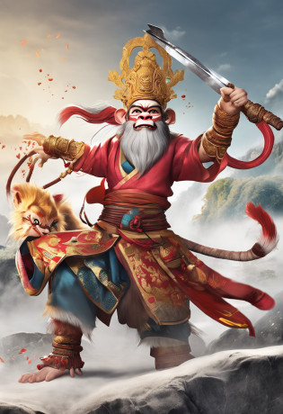 Physical features?The Monkey King is generally depicted as tall?Image of a monkey with a strong body?He usually has yellow or blond skin?A pair of bright and shining eyes?There is also a pointed ear with red fur?

Facial expressions?The face of the Monkey King usually shows the characteristics of being smart and mischievous?He often wears a bright and playful smile?Show a lively and active personality?

Hairstyle features?Sun Wukong has a strand of monkey hair standing on his head?Represents his supernatural and unyielding personality?It can be described as a messy but stylish hairstyle?

Dress up?The Monkey King usually wears a battle suit covered in golden armor?With bracelets and belts made of straw or metal?Sometimes I dress up in various images?Such as a monk?scribes or warriors, etc?

Weapon props?The main weapon held by Monkey King is a golden hoop rod?It can be as large or small as it pleases?Drive with ease?Additionally?He is also often equipped with other magic weapons or magical powers?Such as a muscle?Fire Eye Golden Eye, etc?

Action characteristics?Monkey King is known for his agility and dexterity and superb fighting skills?He's good at flipping his head?Take to the skies?And can use a variety of special tricks and variations?