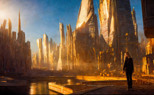 girl with boy on city background, style, Sidon, golden rays light, golden flashes, futuristic sci-fi city landscape, sci-fi, ultra-realistic, high resolution, city