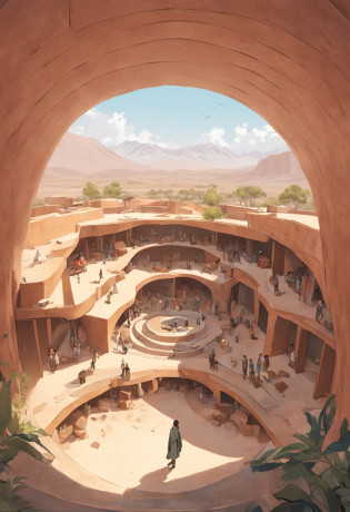 There is a building with a courtyard?There is a tree in front, a middle-shot from front, Rammed earth courtyard, Taco, Neo-Andean architecture, Neo-Andean architecture, archdaily, Hillside desert pavilion, shaxi, arhitectural shot, Lab Room, author?Simon Garn, ?Ultra detailed, bird's eyes view)?exterior wide shot, Pueblo architecture, Rammed earth courtyard, Pueblo dense buildings, a wide full shot, 3 / 4 additional - wide-angle lenses, up front view, exterior photo, central image, a long-shot from front, New Mexico