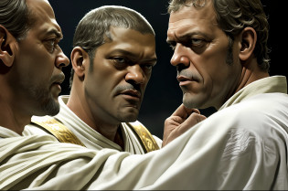 there are two people arguing, (((laurence fishburne))), (((Hugh Laurie))) , (((dressed in biblical times clothes))), black bald man, dressed in white, arguing with evil looking Hugh Laurie, (hugh laurie with white biblical clothes), (Hugh Laurie and laurence fishburne arguing), ((extreme closeup)), (close up)
