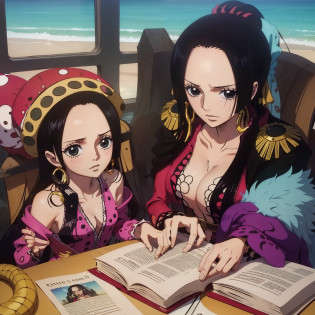 melhor qualidade, obra prima, u detalhada, from one piece, Estilo One Piece, Arte do local, arte chave, melhor qualidade, boa hancock em um navio, lado a lado com uma pequena menina de cabelos pretos, Guidance for children, Boa Hancock e uma menina, Duas pessoas, felizes, NAVIO, Marz, livros, biblioteca