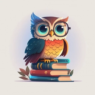 An owl wearing round glasses, next to a pile of books in different colors. On a white background. cartoon style