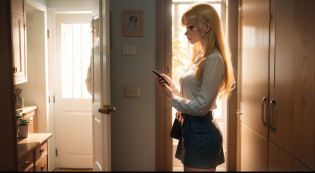 Abigail, a blonde hair young woman standing and looking determine, at home, in the morning