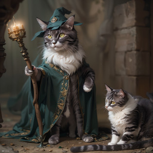 (Numerous award-winning masterpieces, with incredible detail, textures and maximum detail), (hyper realistic:1.4), (Full-length portrait:1.8), (cat standing up on two legs: 1.8), (black cat: 0.3), (calico cat, gray cat, yellow tabby cat, mackerel tabby cat, silver tabby cat, brown tabby cat, black & white cat, Siamese cat), (Veteran and high-ranking cat wizard: 1.7), (realistic:1.3), (highest quality realistic texture fur), (upper body up:0.4), (Finely drawn perfect circle cat's eyes), (Eyes that glow in the dark:1.5), (Fine and beautiful cat face: 1.6), ((medieval world)), (cat standing up on two legs: 1.8), in the dungeon, (A jet-black cloak with delicate decorations: 1.6), (A cloak with delicate decorations, although it is damaged and faded: 1.5), (menacing cat), (Wearing a wizard's black hat: 1.6), (Full-length real cat portrait:1.8), ((looks up)), ((looking down)), (holds a long wizard's staff that is elaborately decorated and emits a mysterious light: 1.7), (dramatic pose), black web robe, (High-ranking cat wizard fighting enemies: 1.2), (High-ranking cat wizard who releases magic from his fingertips: 1.3), fantasy, ((dramatic photo)), ((dynamic photo)), (real cat full body view), highly detailed, ultra-realistic, intricate details, painting (artwork), ((masterpiece,best quality)), ((cinematic light)), hyper realistic, fearsome, dark fantasy, epic realistic, faded, ((neutral colors)), art, (hdr:1.5), (muted colors:1.2), hyper detailed, (art station:1.5), cinematic, warm lights, light effect, dramatic light, (intricate details:1.1), complex background, (Greg rutkowski:0.8), (teal and orange:0.4), Old ruins infested with plants, Ruins of an old castle, Ruins of an ancient castle, Abandoned mine, Deserted ruins, crumbling ruins, Ruins with clear puddles, twilight, sunset, dusk,  Battlefield, bio luminescence,