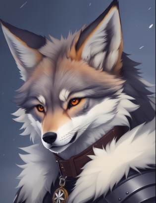 there is a digital painting of a wolf with a collar, a character portrait inspired by WLOP, Artstation contest winner, furry art, furry character portrait, anthro portrait, portrait of an anthro fox, anthro wolf face, anthro art, masterpiece anthro portrait, furry character, anthropomorphic wolf, anthropomorphic wolf male