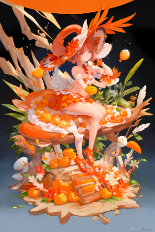 anthills made from chiken bone with orange eggs, teo chick,leaves,flower,sands,upscale,variation