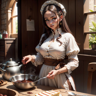 Desenvolva uma imagem ultra-realista em 8K, of impeccable quality and with the level of a masterpiece (1.3), retratando uma cena encantadora da era medieval com elementos que remetam a bolos caseiros. A imagem deve ser focada com nitidez (foco n�tido: 1.2), destacando cada detalhe da cena. A mulher feliz, vestida com roupas medievais, deve ser representada com textura facial e de pele altamente detalhada, com olhos igualmente detalhados, displaying a double eyelid. Sua pele deve ter uma tonalidade bronzeada, giving it an authentic and characteristic look. Enquanto ela mistura cuidadosamente os ingredientes frescos, O bolo de cenoura com cobertura de chocolate deve ser mostrado com um fino, moist texture, estendendo-se ao comprimento de sua camisa (fino, damp button up to the length of the shirt: 1.1). The lighting in the scene should be soft, com um tom dourado e aconchegante, refletindo uma luz suave vinda de velas ou janelas, para destacar cada detalhe.

Ao redor da mulher, na mesa de madeira robusta, Other delicious handmade cakes should be displayed to perfection, representing different flavors and decorations, mas o destaque deve ser o bolo de cenoura com cobertura de chocolate. The scene should convey a sense of happiness, Cooking Skill and Joy, evoking memories of homemade cakes being shared in a bygone era. Os outros personagens presentes na cena, vestidos com roupas medievais, como camponeses, padeiros ou nobres, They should also be portrayed in vivid, high-quality detail, emphasizing the diversity of expressions and dress of the time