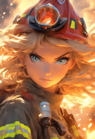 The most beautiful and sexy firefighter girl, blonde hair, blue eyes, wearing highly detailed firefighter gear and helmet, metal fragments blowing in the wind, perfect masterpiece, high quality, high resolution