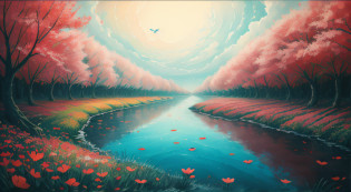 I can't remember the feeling of the beginning
The landscape painting depicted is a devil that deceives angels
Eventually, even the hot heartbeat and lies will end
Counting on my fingers, the last time of freedom
Baring my teeth and howling, just flowing people
The abyss reflected in the water surface
Because it sways and disappears with withered leaves
Because it fades in the waves
Is there a nostalgic memory at the destination led to?
The scars that can boast of time
Blossom vividly and unhealed in red
In the same time, blooming vividly, 
abstract landscape,
(best quality:1.3), (highres:1),