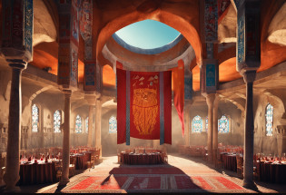 9th-century Arabian People dining and shockingly looking up surprised, inside a giant high-ceiling 9th-century Arabian castle dining room with flags curtains on all sides that have a lion printed on each one of them. a great beautiful lion jumping out of a flag curtain that has a lion printed on it