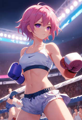 an athletic girl, flat chest, pink hair, short messy hair, purple eyes, wearing a white MMA outfit and an off-shoulder jacket, shoulders exposed, punk, tough and aggressive, boxing wraps around hands