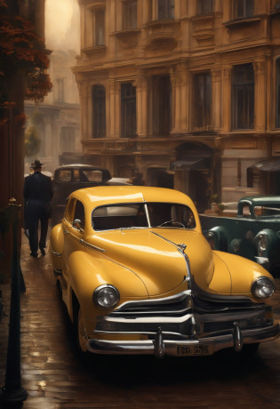Produza uma alta qualidade, imagem ultra-detalhada que lembra uma obra-prima da era vitoriana. Nesta cena, retratam um homem lindamente vestido dos anos 1940,next to a Ford car surrounded by the ambience of a Victorian city. Emphasize the use of volumetric lighting that breaks the scenery. Create a dynamic composition rich in detail and color, including iridescent tones that bring a sense of magic to the scene. Crie uma atmosfera, Dreamy painting focusing on Victorian-style watercolor techniques in Turner style .