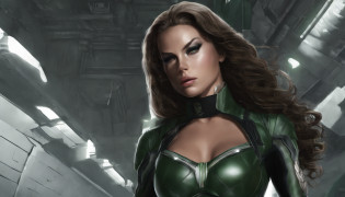 a sexy beautiful superheroine, brown hair, olhos verdes, malha verde com uma borda externa preta, The Leotard has an opening in the chest area,. capa vermelha, faixa vermelha com medalha de ouro no centro, wears high-kneeled boots that are black at the top and green at the bottom portrait photograph by artgerm, no estilo do realismo, pele cintilante, natural lighting, Defined full lips. Female body muscle fitness