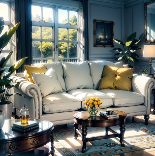?(absurderes?hight resolution?ultra-detailliert)?a room?sofas?Mystical lighting?Ethereal Atmosphere??White sofa?ass hole up?livingroom?window?a picture?a room?houseplant?Brownish?natural soft light?Sofa placed at an angle?Sofa Up?Yellow flowers?White Room?Bright room with yellow color?