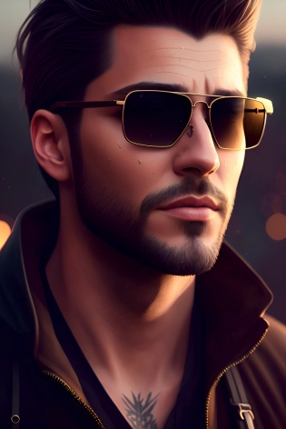 portrait of men with scar face Sunglasses at Night, deep skin, detailed skin, digital painting, illuminating, by gen and ai, 8k, trending on cgsociety:: --v 4