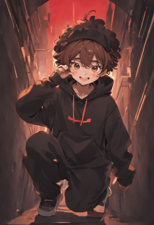((boy)),((dark brown hair)), ((curly hair)), ((black bucket hat)), ((smiley face on black bucket hat)), ((simple smiley face desighn on black bucket hat)), ((race: hispanic)), ((red hoodie)), ((nothing on red hoodie)), ((happy)), ((pose: doing the peace sighn with his hand)), ((light red hoodie)), ((blank pants)), ((background: red and black gradient)), (( boy HAS TO WEAR A BLACK BUCKET HAT WITH A WHITE SMILEY FACE ON IT ))