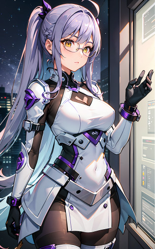 complex anime 3d render ultra detailed, (((masterpiece))), (((best quality))), ((ultra-detailed)),(3D Cartoon rendering),(from side),cinematic light,((single mechanical girl)),({best quality}),(Ultra Fine),(full detail),delicate youthful face,well_developed curves,hourglass_figure,perspective,beautiful_face,high_quality_outfits,futuristic_outfits,silght_blush,full_body,full detail face,protective outfits,Honkai_Impact,scientist,anatomical,Ray Trace;

(purple hair:1.5),indigo hair tips,violet ahoge, (violet drill twintails with hairpin at end),(long fin-shaped mechanial white and violet hairpins,pointing upwards),one long white mechanic triangle tipped head oranment,(silver headband around forehead);(exquisite gem-like yellow eyes:1.6,white cross pupil),yellow goggle eyeglasses

Futuristic dress outfit,armored combat suit,exquisite gadgets,elegant and modest outfits,black long slender sleeves,black arm bracers,white bracelets,black gloves,white tanktop with violet lines,black armored corset,violet traces,v-shaped metalic waistband with four gadget holsters,violet waistband,(white scifi armor skirts,knee-length segmented hems),(black armor tassets),violet knee-length dress,(black and violet pantyhose),golden gartener belt around left leg,silver waistband with gadget holsters,knee bracers;silver mechanic boots,heeled boots; White mechanic backpack on back;

calm expression,vigilat gaze,stretching hands,standing,looking forwards

mechanic room with toolstand,standing in a spaceship,starry sky visble through window (starry sky:1.2),dreamy, [[delicate fingers and hands:0.55]::0.85],(detail fingers),