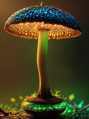 (dark shot:1. 1), luminous backlit glowing forest mushroom, drops, neon lights around the mushroom, faded, hyperdetailed