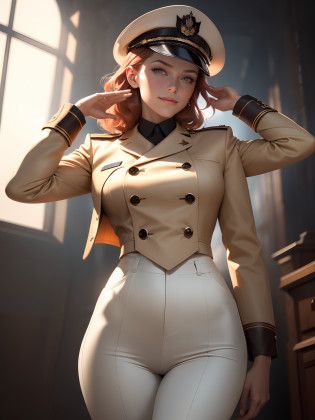 (1girl:1.4), (sfw), (clothed), (masterpiece), illustration,(realistic:1.5), (specular lighting:1.4), (hyperrealistic:1.2), (photorealistic face:1.2), (perfect face), (best quality), (8k), (4k), photorealistic, sharp focus, octane render, best quality, extremely detailed, intricate, hyper detailed, fantasy, soft lighting,(medium breasts:1.4), (skindentation:1.3), Matilda Ajan from Gundam, Matilda Agen, Matilda Ajan, looking straight at viewer, military Saluting, one hand down, tan full uniform, tan color uniform, tight off-white pants, perfect body, standing straight up, military attention, military salute, officer uniform, tan military jacket, buttoned up jacket, perfect hands, military officer hat, tan color hat, warm smile, kind smile, destroyed city in the background, short auburn hair, hair slicked back, cropped hair, thigh gap