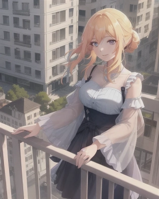 A happy beautiful female/girl is looking off the edge of a balcony of her apartment. Below, she sees the view of the people walking across the street and cars on the road, as well as the other buildings. She has a normal but random hair and eye color. The painting is anime, professionally color graded, 8k HDR, vivid, bright, anime faces, hyper resolution, depth of field, and created by Artgerm, Greg Rutowski, and Alphonse Mucha with volumetric lighting. The painting has very bright colors and uses anime faces.