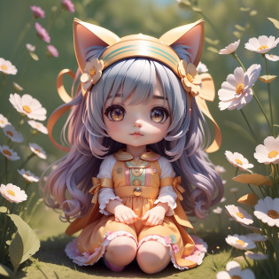 Cosmos Field, Cute Chibi Baby Anime Cat Ears Sitting, Lots of cosmos flowers, wearing a frilled dress, Best Quality, Highest Quality, neat fingers, neat eyes, neat hair, neat features, Beauty girl,