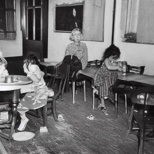 Depression era mood, Middle aged women seated at table with two young children seated on the other side of table in chairs, face heavily wrinkled showing the pain and anguish of living in poverty, expression of extreme stress and worry, children seated at wooden table with no food in bowls, one child licks empty bowl, dusty god rays stream thru small windows onto table, 8k, intricate detail, photorealistic, realistic light, wide angle, black and white, In the style of Richard Avedon
