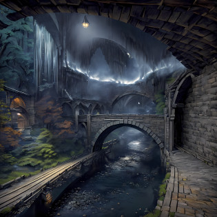 Computer, Extensive ultra photography (general view, bridge 1: 5, Scale, realistic fantasy, ultradetail, volumetric, detailed clarity, general view, detailed gloomy landscape, bridge arch, under the bridge, computer accuracy, 1: 2, 8kk, large beer barrel, fire pit, rags, bridge arch, bridge, (inscription new era legend),realistic fantasy, detailed, 1: 5, 4kk, three-dimensional picture, fire, fog, rain, river, night, darkness, effective In the foreground is a large beer barrel,  large stone bridge, bridge arch, gray, swamp colors (ultradetailed), bridge arch, bank under the bridge, steps, cobwebs under the pavement, large wooden barrel (1:2), made of wood (ultradetail), bridge arch, stones, river, dark, gloomy colors, horror, magic(best quality), 4k, ultra detailed, (dynamic composition: 1.4), high detailed, colorful details, (gloomy colors: 1.2), (luminous lighting, atmospheric lighting), cold, gloomy, magical