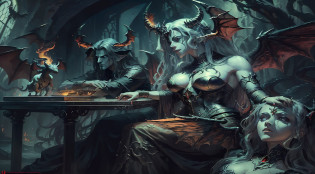 Fantastic Realism, (Masterpiece) And in the hot depths of the abyss The rebellious goddess was, sitting at the end of a table, Lucifer is sitting at the other end. And there are 4 more generals from hell with their demonic appearance, they are creatures with dragon wings, They already listened to what Lucifer said sitting down: --auto --s2