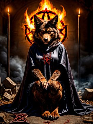 werewolf female , wearing (dark closed satanic cloak  satanic trausers , pentagram necklance) ,  (sitting on ground), performing a ((dark sacrifice ritual)), hyper real, photo shoot, photography, highly detailed fur, fluffy fur, fur detail, realism, ray traced, global illumination, subsurface scattering,  perfect lighting, detailed  post  destroyed apocalyptic city background, looking at viewer, atomic blast, flames, blood, horror smoke<lora:add_detail:1>