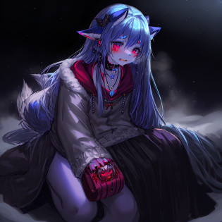 Snow fox(me), fur body, full body, earphones(color deep dark blue), deep dark blue(Snow fox), Neon(Snow fox), UWU, light(RGB), DJ, glow(light), 4 ear 2 tail, master piece, name(Snow), girl(young), jacket(deep dark blue), space time, soft, collar(star), flutty tail, character(Snow fox), 8K, long hair, winter(foggy), foggy(deep dark blue), thick fog, feeling(despair), cry, vampire, necklace, blood bag(eat), blood, young girl, bloody, 10 years, succubus, 100% succubus sexual tattoo, 100% demon sexual tattoo, succubus sexual tattoo glow, demon sexual tattoo glow, phone, full body succubus sexual tattoo, full body demon sexual tattoo, nude, winter, true demon sexual tattoo, true succubus sexual tattoo, eat tea(blood)