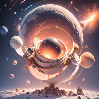 Alafid image, a planet with a spiral in its center, a Dyson sphere in space, a spherical explosion in the end of the world, a white planet, --auto
