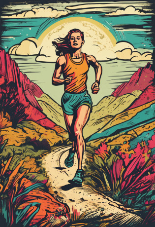 Colorful vintage style illustration, retro, estilo cartaz russo, trail runner de corpo inteiro, perfect�hands, ultradefini��o