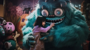 monster protectively holding a little girl --ar 16:9 --v 5