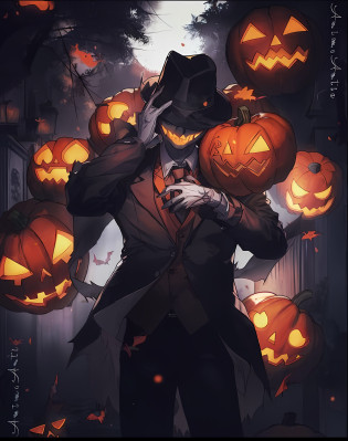there is a man in a top hat and a top hat holding pumpkins, halloween art style, kawacy, halloween theme, anime wallaper, amazing wallpaper, trick or treat, halloween atmosphere, in a halloween style, halloween celebration, anime wallpaper, spooky halloween theme, pumpkin head, scary style, halloween scene, (orange magic), (dark vibes),4k anime wallpaper, halloween, powerful male scarecrow