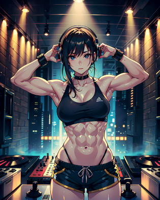 (masterpiece, best quality:1.37), ultra-detailed:1.37, hyper-sharp:1.37, anime style, An illustration of a female bodybuilder with a height of 2m who is DJing while showing off her muscles.

The female bodybuilder is 2m tall and has a muscular build.
A female bodybuilder wears a tank top and shorts, exposing her muscles.
A female bodybuilder is standing in a DJ booth and playing music with turntables and a mixer.
A female bodybuilder is playing music while showing off her muscles.
Audiences are overwhelmed and go wild with her female bodybuilder muscles.
This illustration shows a strong and dynamic representation of a 2m tall female bodybuilder DJing while showing off her muscles. You can clearly see the enthusiastic audience overwhelmed by the muscles of the female bodybuilders.