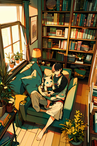 boy, from above, plant, black hair, cat, indoors, holding, long sleeve, long hair, stuffed cat, potted plant, book, food, window, phone, loaded interior, television, short hair, on the back, stuffed animal, bangs, slippers, barefoot, sitting, bookcase, shelf, cable, computer